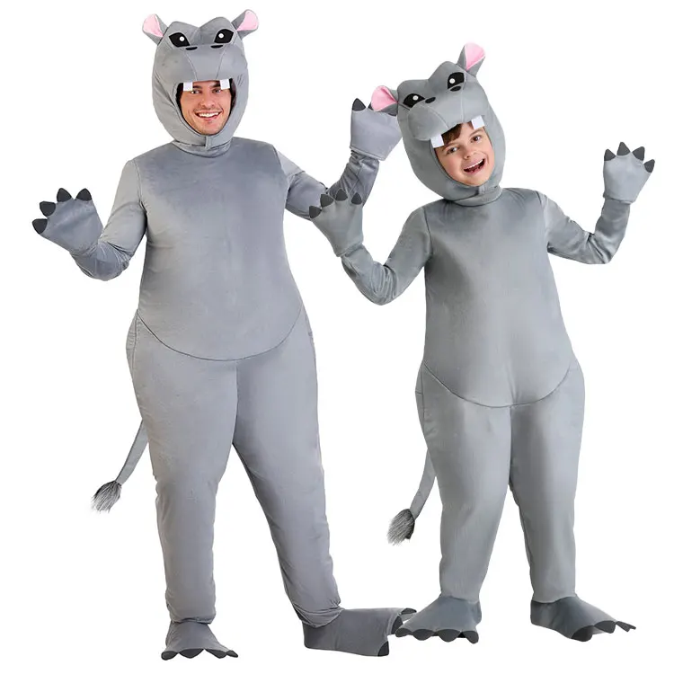 

African Animal Adult Grey Hippo Onesies Cartoon Kids Cute Hippo Cosplay Costume Family Party Halloween Fancy Dress