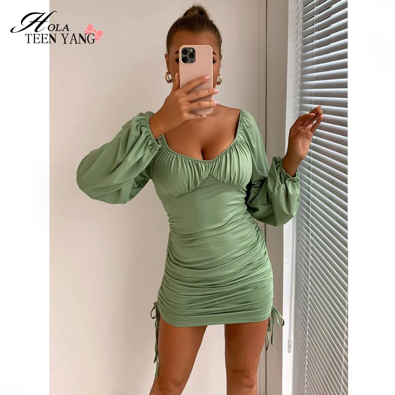 

Long Sleeves Autumn Green Dress For Women Solid Color Sexy Club Party Mini Dress Drawstring Ruched Bodycon Vestidos 2021