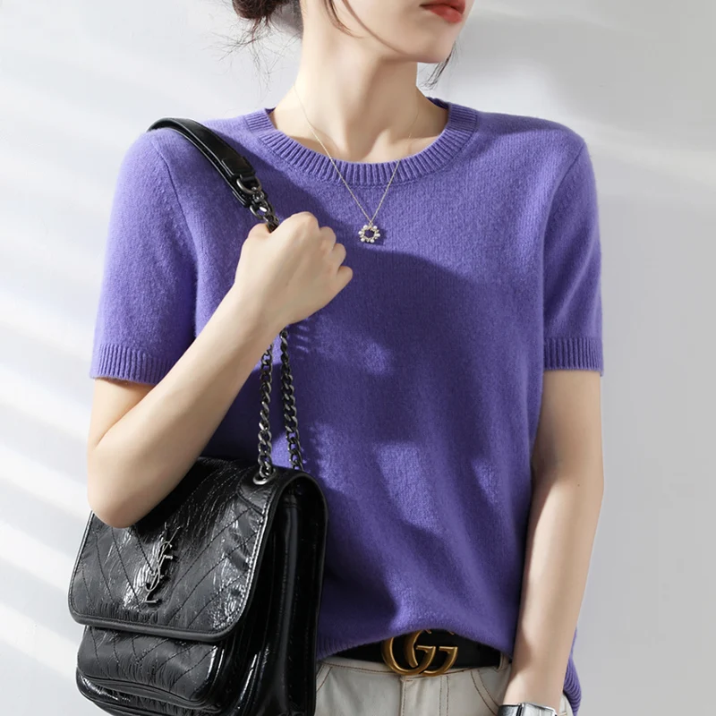 Summer Women\'s Cashmere Sweater O-Neck short sleeve Knitted Knitted short sleeve Solid Casual short sleeve