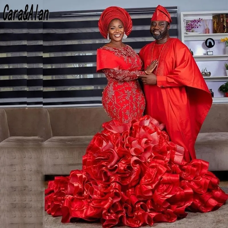 Nigerian Wedding Evening Dresses Long Sleeves Beading Aso Ebi Red Mermaid Prom Dress Customized Party Gowns Ruffles Skirt