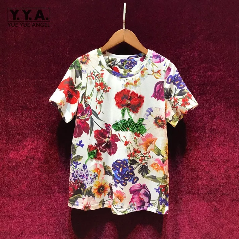 

High Street Summer Vintage Printed Flowers T-Shirts Women Loose Fit O-Neck Short Sleeve Pullover Tops Female Beading Luxury Tees