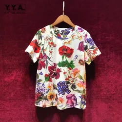 High Street Summer Vintage Printed Flowers T-Shirts Women Loose Fit O-Neck Short Sleeve Pullover Tops Female Beading Luxury Tees