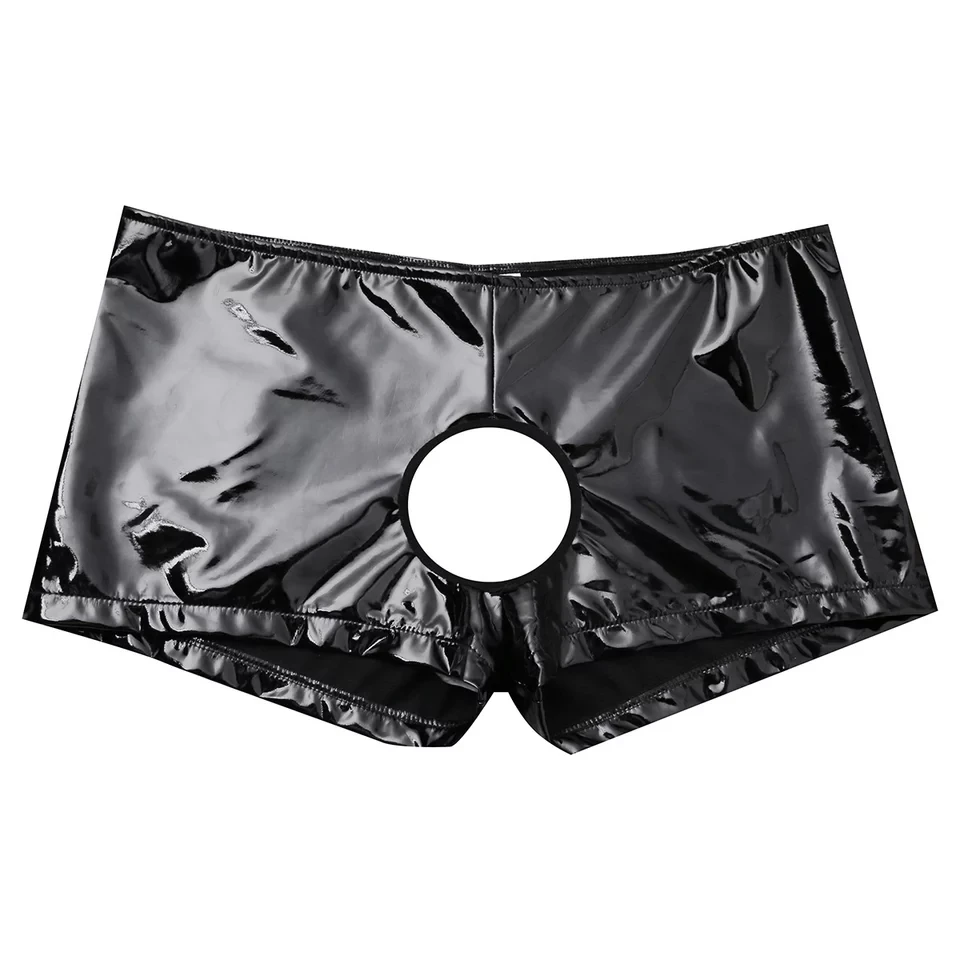 Mens Sexy Open Crotch Glossy Leather Boxer For Sex Shaping Latex Shorts Crotchless Male Shiny PVC Leather Short Pants Sexi