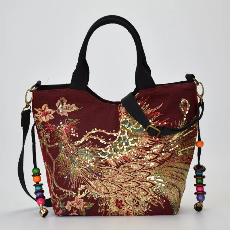 Einkaufstasche mit Pailletten im Ethno-Stil, Handtaschen mit Pfauenstickerei, Vintage-Umhängetasche aus Segeltuch – Detail 3