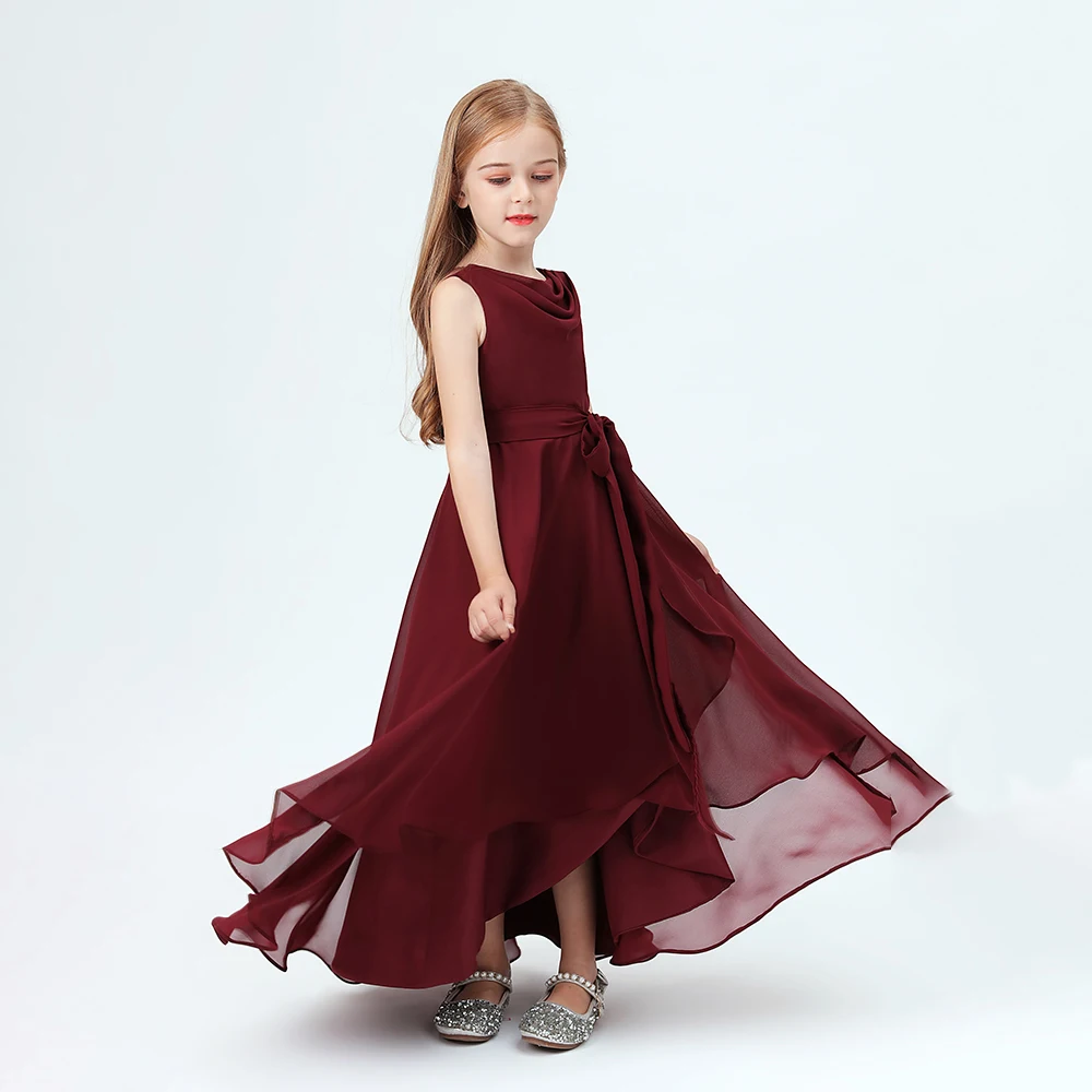 Assymetrische Chiffon Junior Bruidsmeisje Jurk Voor Kinderen Feestvieren Verjaardag Evenign Feest Bruiloft Verkiezing Banket Prom