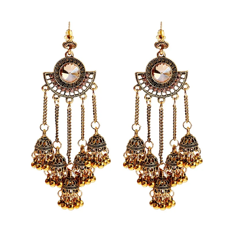 Women\'s Retro Big Gold Color Jhumka Earrings Indian Jewelry Classic White Beads Long Chain Tassel Dangle Earrings Hangers