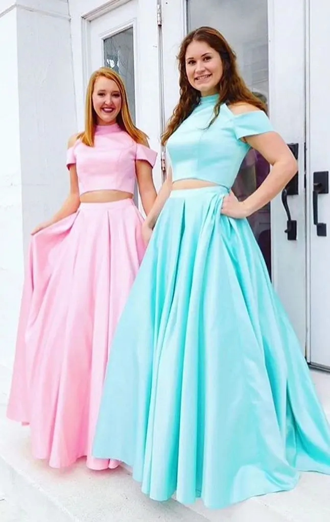 Walk Beside You Mint Green Prom Dresses 2024 Pink Two Pieces Satin High Neck A Line Long Sweep Train Off Shoulder Evening Gowns