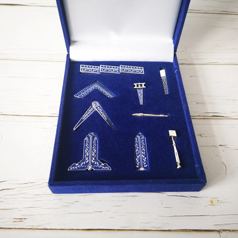 Set of 9 different velvet blue box Masonic Working Tools Badge Mason Freemason Miniature Freemason Gifts