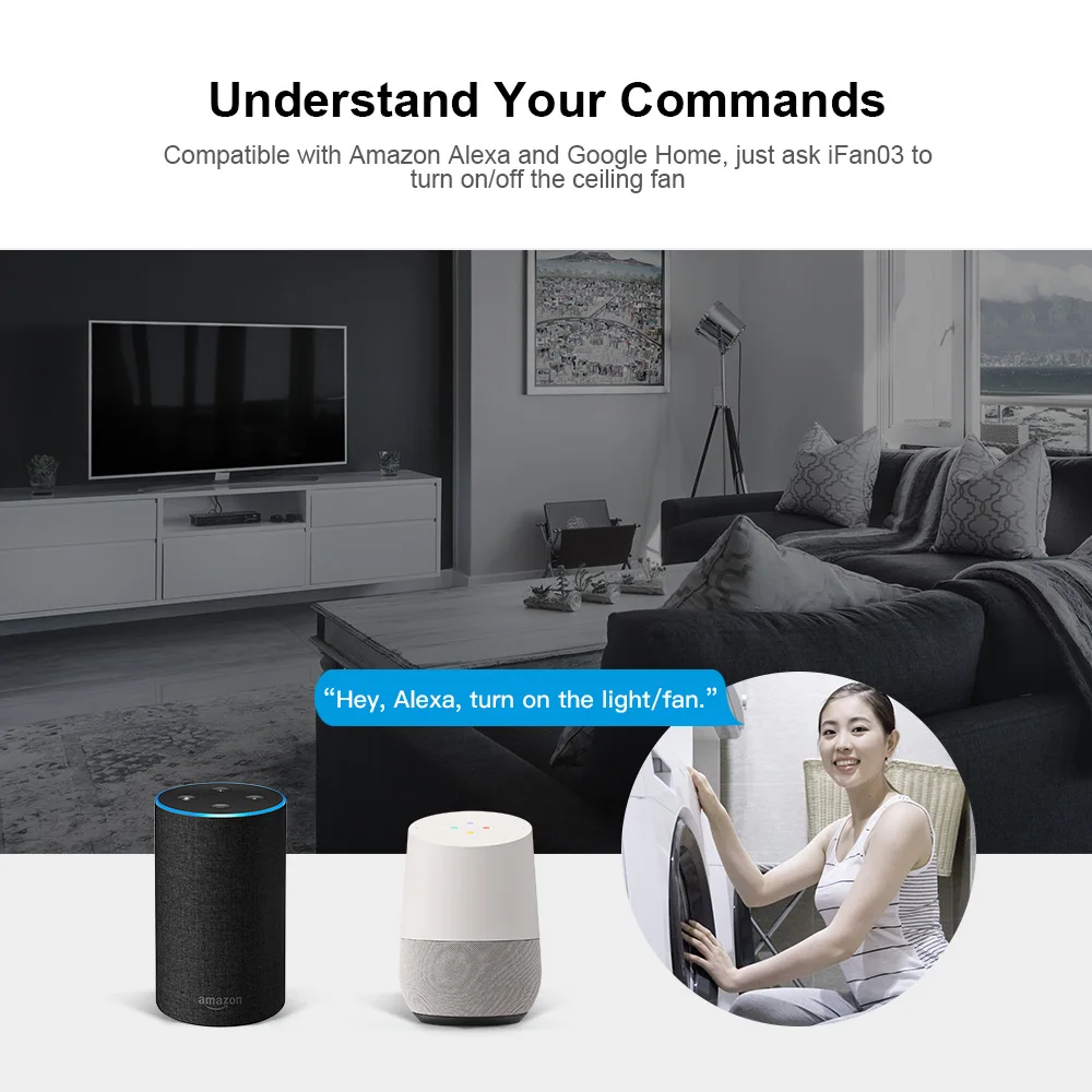 مروحة سقف ووحدة تحكم بإضاءة ، واي فاي ، ـ ، من من من خلال V ، تطبيق eWeLink ، مع جهاز تحكم عن بعد RF ، تعمل مع Alexa ، المنزل الذكي