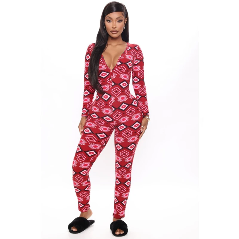 Women\'s Romper Christmas Rompers Womens Jumpsuit Plaid Jumpsuit Elastic Casual Long Sleeve V-Neck Buttons Sleepwear Homewear