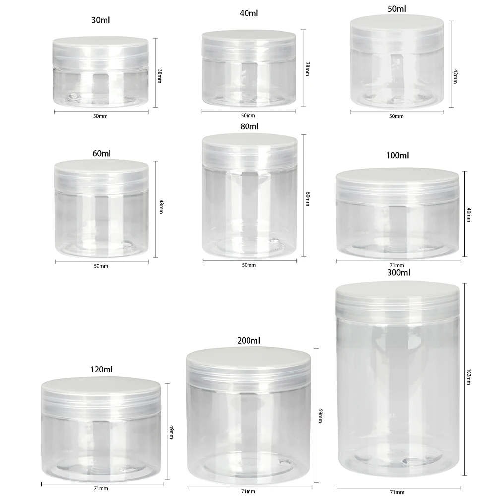 5Pcs Clear Refillable Bottle Jar Lid Empty Cosmetic Container Makeup Travel Cearm Bottle Jars 30/40/50/60/80ml 100ml 120ml 200ml