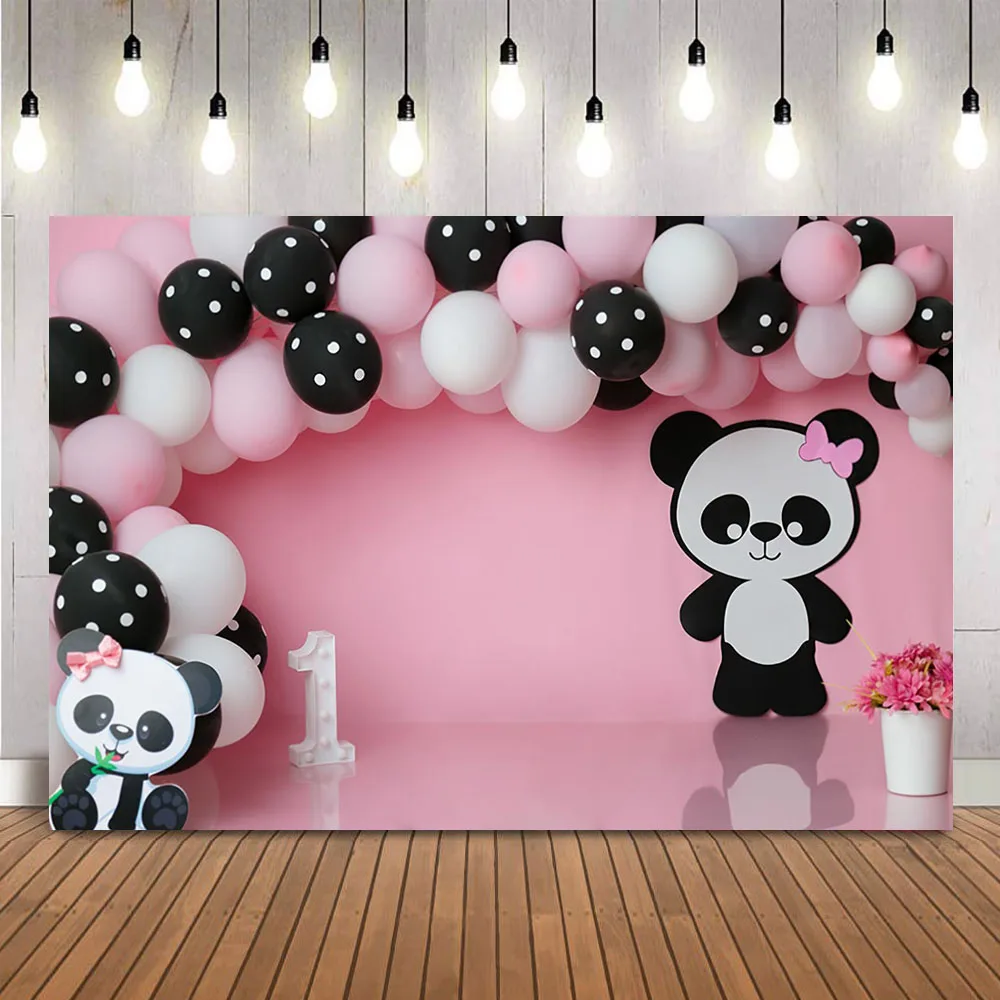 

Pink Balloons Girls Cake Smash 1st Birthday Backdrop for Photography Props Panda Theme Newborn Kids Portrait Photo Background