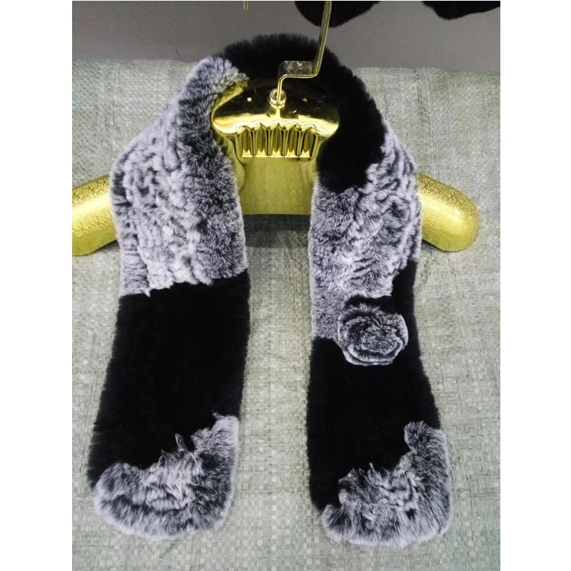 

Women Winter Warm Real Rex Rabbit Fur Scarf Lady New Russian Knit Floral Muffler S17