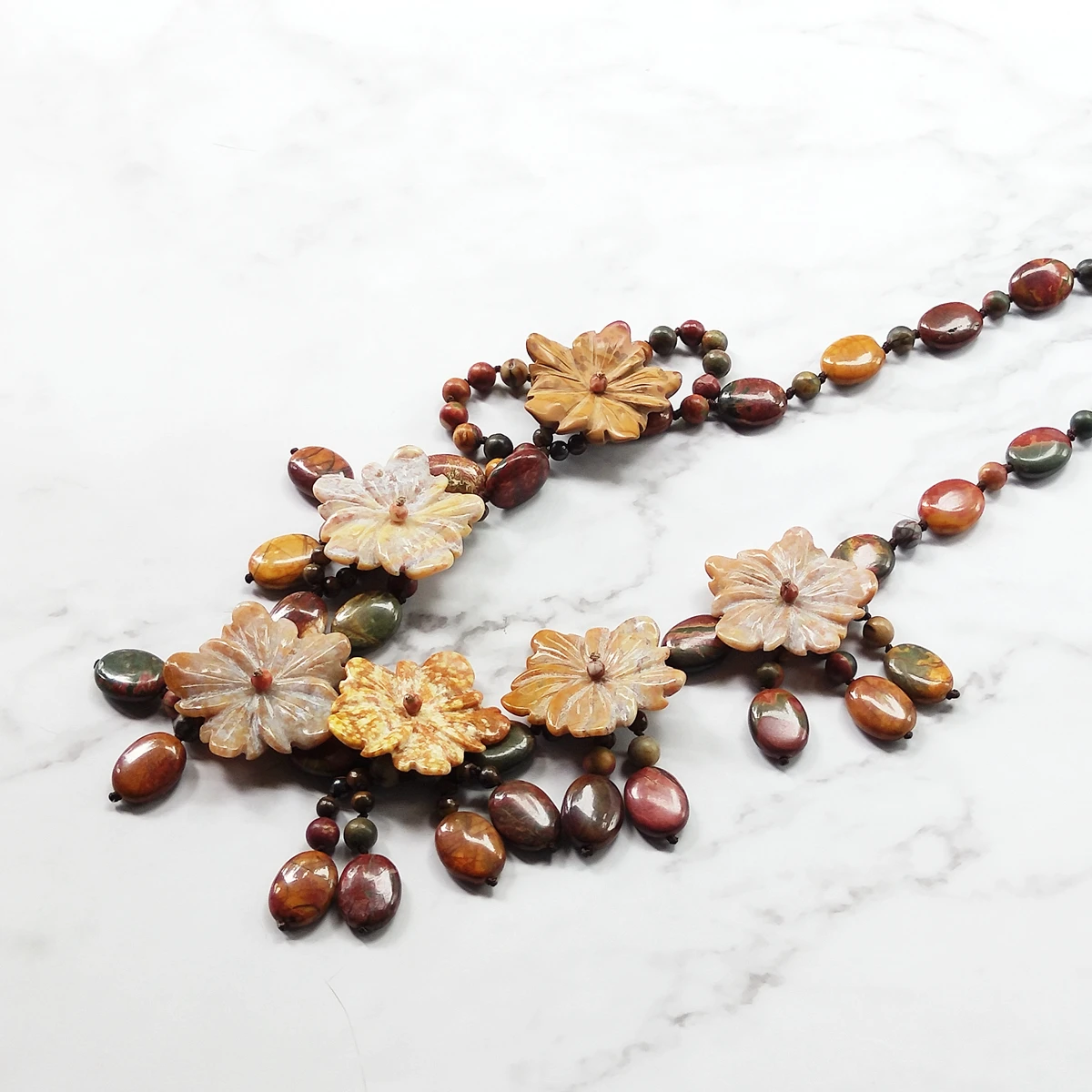 Lii Ji Real Stone Beige Color Statement Necklace Japser Flowers Tigers eye Necklace 53cm Women Party Jewelry