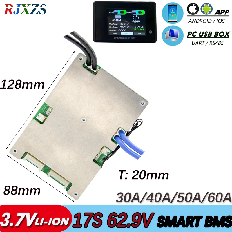 BMS 17S 30A/40A/50A/60A  bms  new Li-ion smart bms pcm with androidbluetooth-compatible app UART wi software (APP) monitor RS485