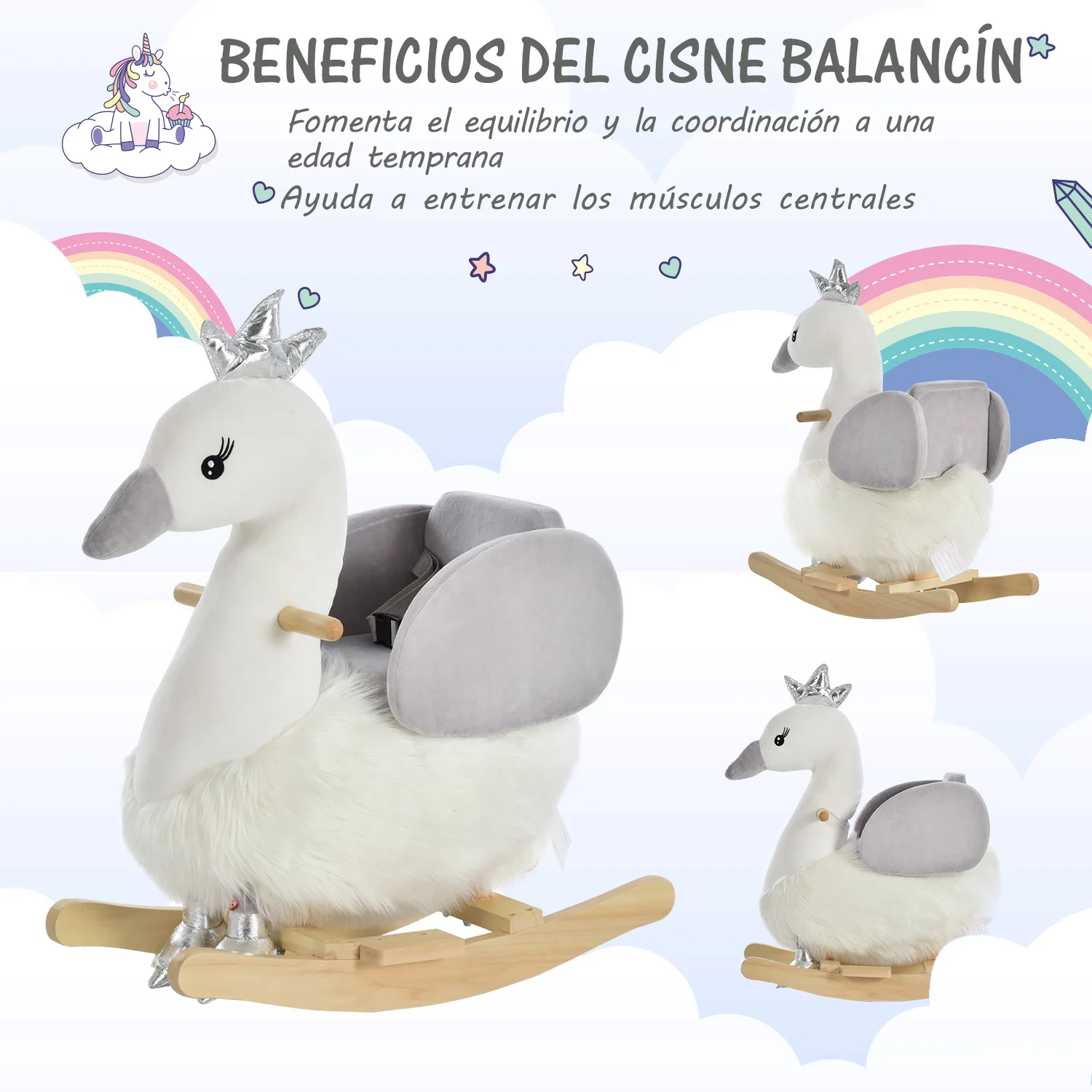 Imagen 5: HOMCOM Balancín Forma de Cisne +18 Meses con Sonido 60x33x59 cm Blanco y Gris