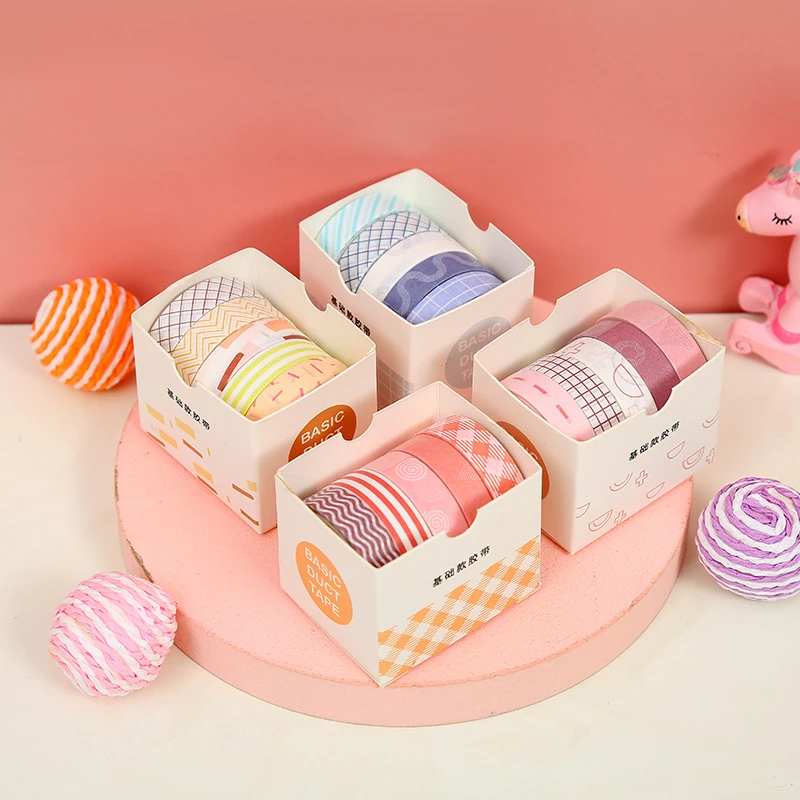 5 Pcs/Box Cute Grid Stripe Washi Tape Solid Color Masking Tape Decorative Adhesive Tape Sticker Scrapbooking Planner Stationery