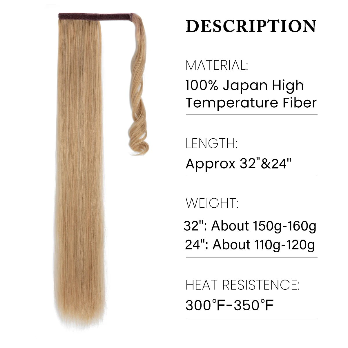 Synthetic Straight Ponytail Hair Extension Clip in Fake Wig Hairpiece Blonde Wrap Around Pigtail Long Smooth Overhead Pony Tail