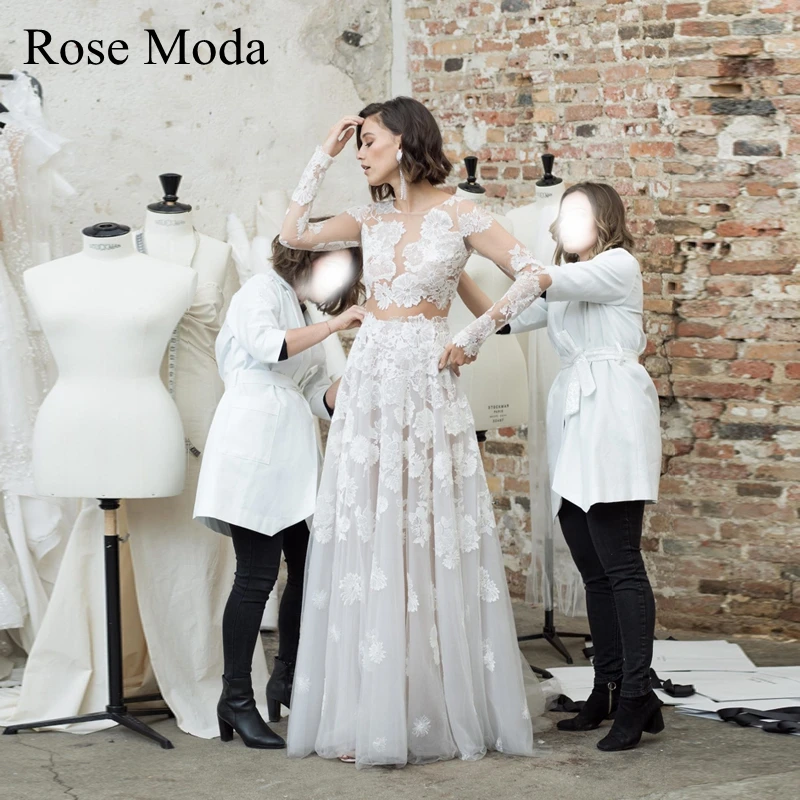 Rosa moda mangas compridas laço boho vestido de casamento personalizado fazer