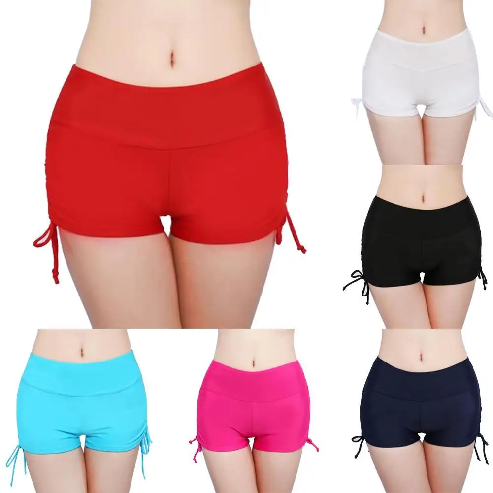 Summer Beach Women Solid Color Bikini Bottom Side Pleated Bandage Swim Shorts