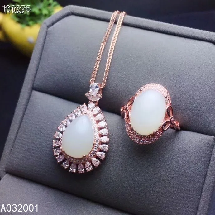 

KJJEAXCMY fine jewelry natural White jade 925 sterling silver women pendant necklace chain ring set support test lovely