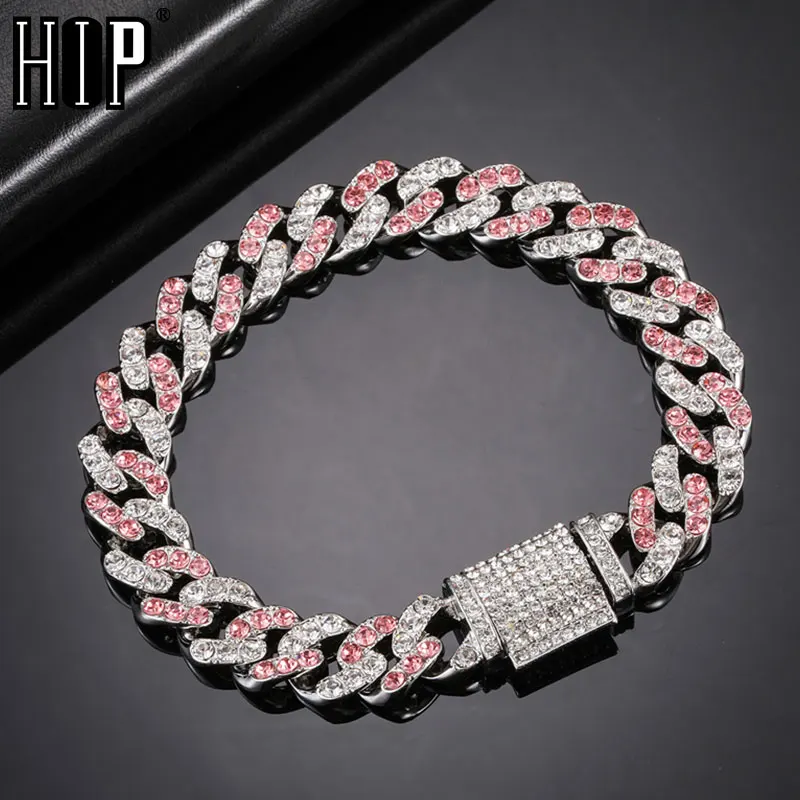 Hip Hop 11MM Bling Iced Out Silver Color Pink Blue Cuban Chain Full AAA Crystal Pave Men's Bracelet for Men Women Jewelry