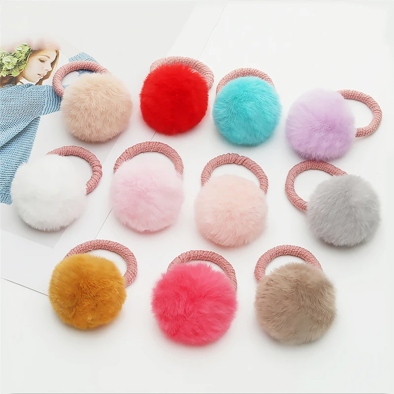 2PCS Furry Balls Hair Ties Cute Hair Rubber Bands For Children Girls Headwear Elastic Ponytail Holder Scrunchie Hair Accessories