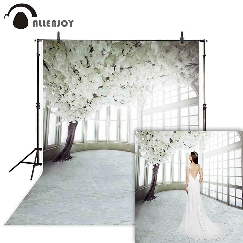 

Allenjoy Photography Backdrop Spring Wedding White Flower Tree Window Background Photo Studio Photophone Photocall Shoot Prop