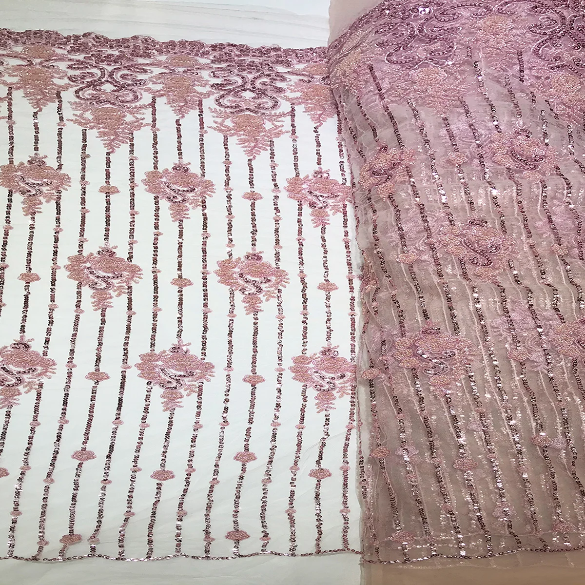 

New Arrival Unique African Shiny Champagne Sequin Embroidered Lace Fabric With Beads Top Quality Nigerian Party Dress Tulle Mesh