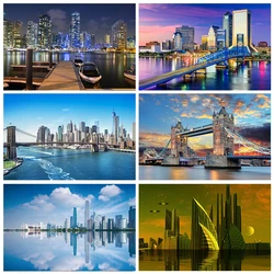 Laeacco Modern City Metropolis Buildings Sea Bridge Scenic Photography Backgrounds Photo Backdrops For Photo Studio Photocall