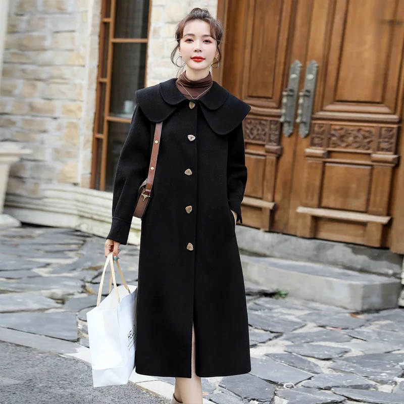 

Female Lined Straight Commuter Single-Breasted Woolen Coat Doll-Collar Thick Wool Jacket Women's Long