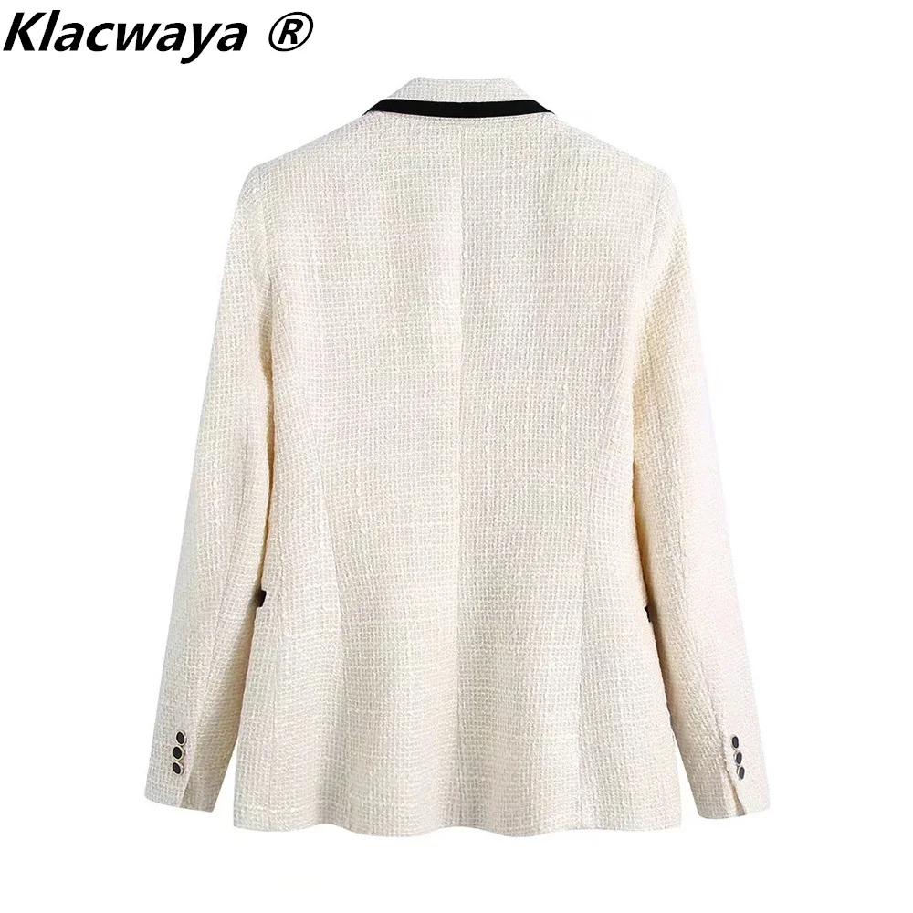 Klacwaya Blazer Women Tweed Jackets For Women 2021 Double Breasted White Office Lady Checked Jackets Female Tweed Blazers