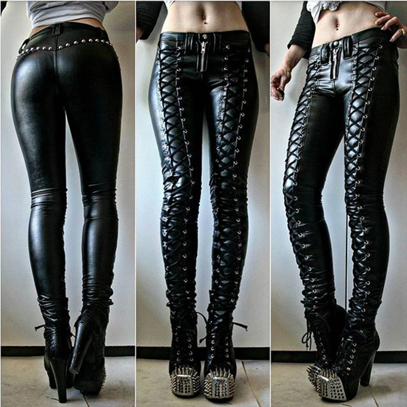 Steampunk Sexy Vrouwen Faux PU Leer Cosplay Broek Hoge Taille Chic Bandage Party Skinny Knop Potlood Broek Slanke Streetwear