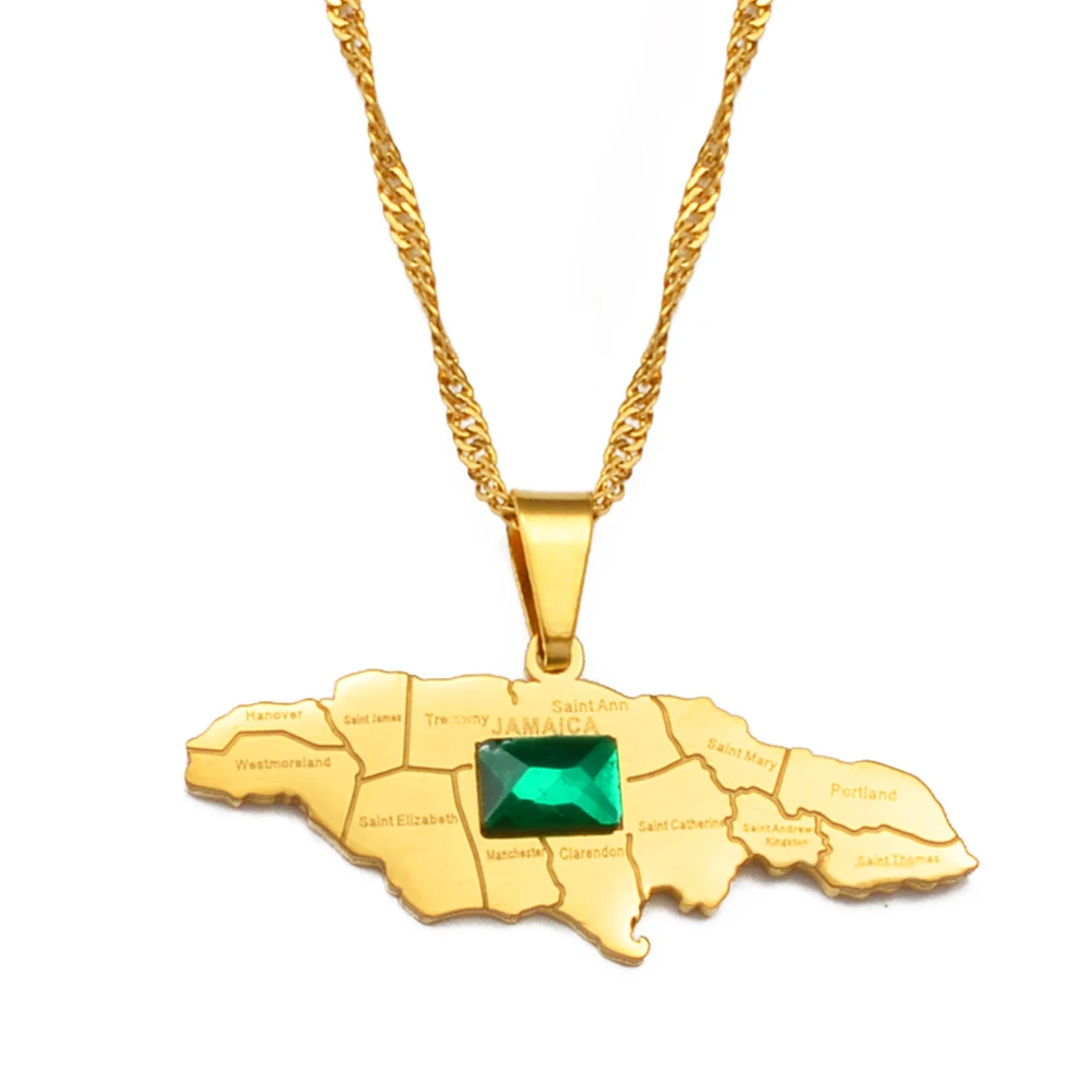 Anniyo Jamaica Map With Green Stone Pendant Necklaces for Women Girls Gold Color Jamaican Jewelry @207021