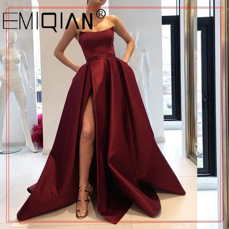 Burgundy Prom Dresses with Pockets Side Slit Strapless Satin Elegant Long Evening Party Gowns Wine Red Women Formal Dress