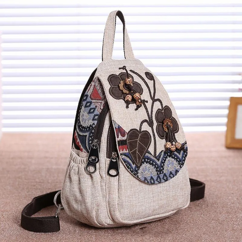 Sac à dos Vintage en tissu de coton pour femmes, sac à dos de loisirs léger avec appliques ethniques pour filles, sac de voyage Sumka Zhenskaya Ryukzaki