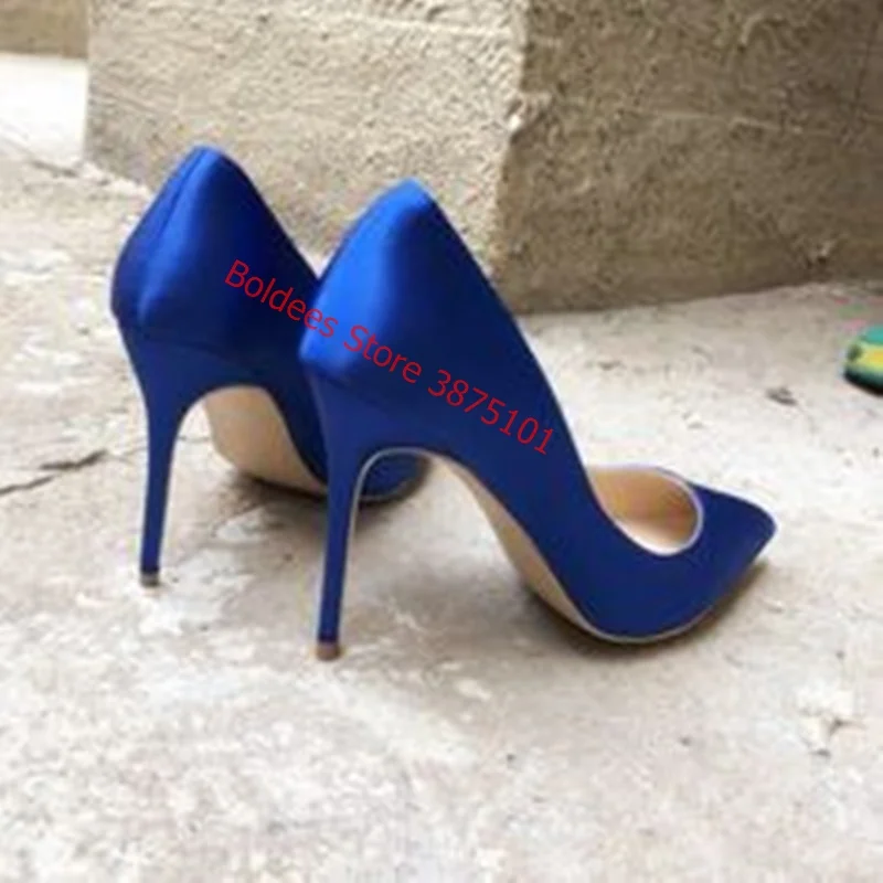 Sexy Silk Satin High Heels Pumps Pointed Toe 12CM Stiletto Heels Shallow Pumps Blue Green Blue Wedding Dress Shoes Big Size 45