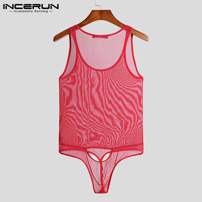 Men Mesh Bodysuits Solid Color See Through 2023 Underwear Sleeveless Pajamas Bodysuits Men Sexy Skinny Sleepwear S-5XL INCERUN