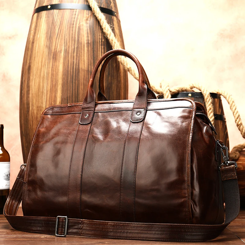 

POOLOOS Smooth Leather Travel Bag Men Women Unisex Vintage Travelling Bags Hand Luggage Brown Cowhide Travel Totes High Capacity