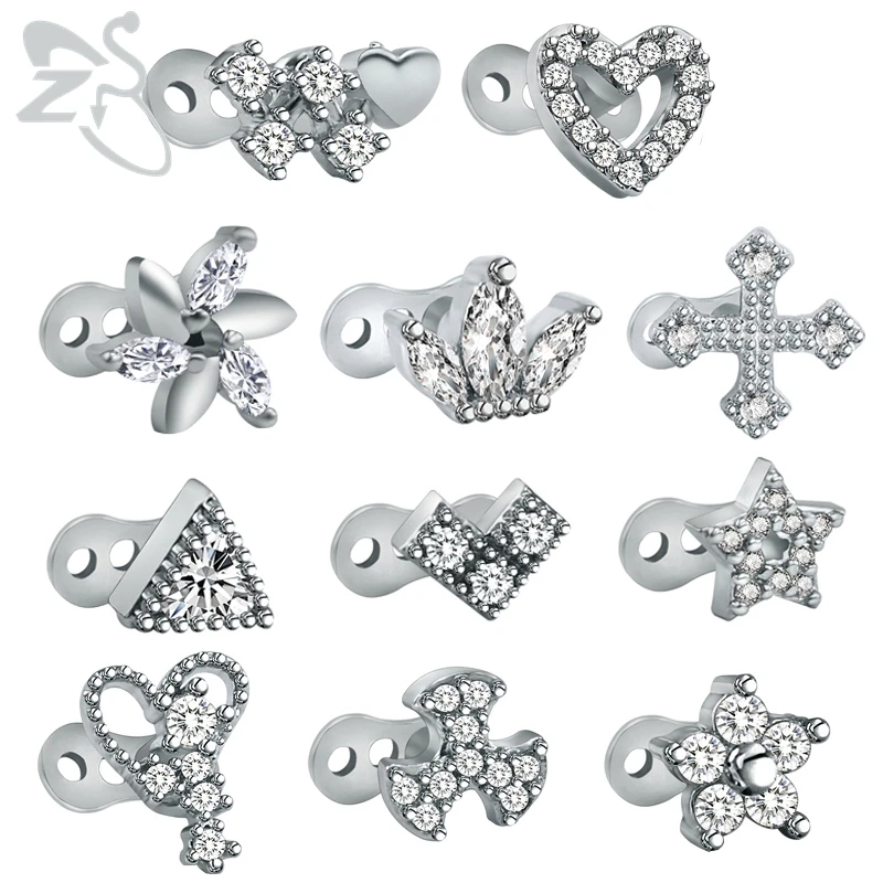 ZS 2Pcs/lot Crystal Heart Crown Dermal Cross Anchor Skin Diver Piercing Stainless Steel Dermal Zirconia Piercing Body Jewelry