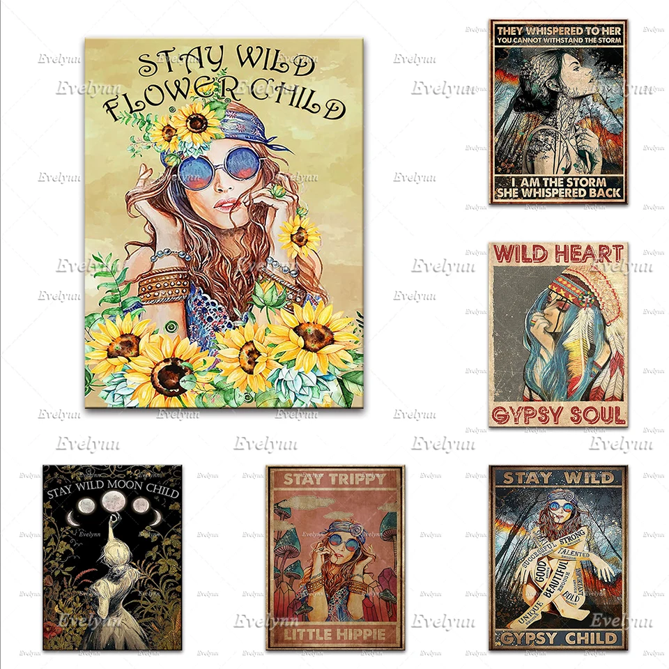 Hippie Girl Prints|The Soul of a Gypsy The Heart of a Hippie The Spirit of a Warrior Canvas,Home Decor Vintage Poster,Wall Art