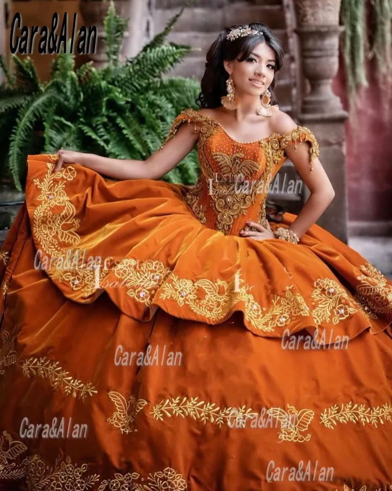 Charro veludo bordado quinceanera vestidos de miçangas fora do ombro doce 16 vestido feito sob encomenda misquince vestidos xv años