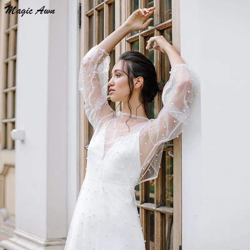 Magic awn-vestido de noiva boêmio de mangas compridas, roupa de casamento com pérolas, costas nuas, linha a, personalizado