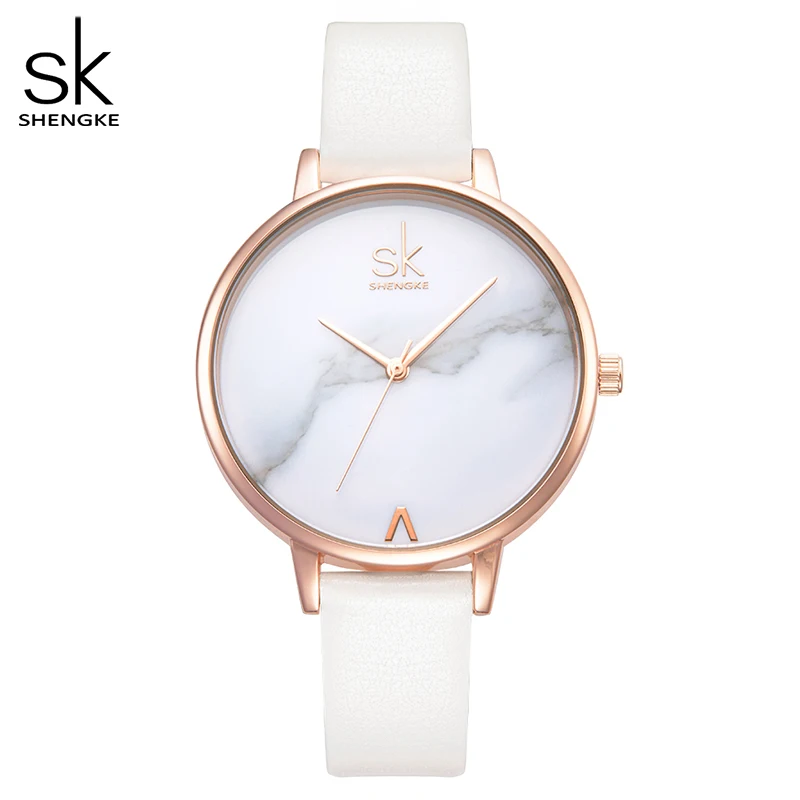 Shengke-relojes de cuero de cuarzo para Mujer, pulsera fina con correa informal, esfera de mármol, SK