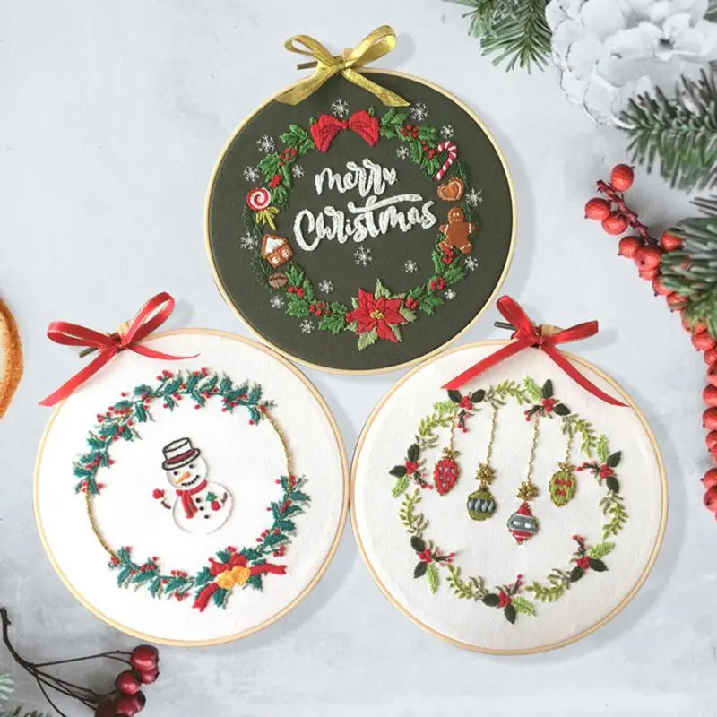 Christmas Pattern DIY Embroidery Starter Kit with Embroidery Hoop Cotton Linen Cloth Thread Needlework Art Sewing Craft