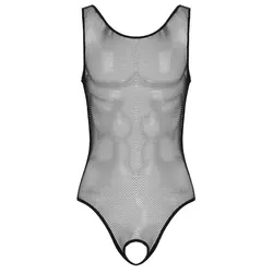 Men Sexy Bodysuit Mesh Net See Through Sleeveless Ultrathin Rompers Underwear Fishnet Crotchless Bodystocking Sleepwear