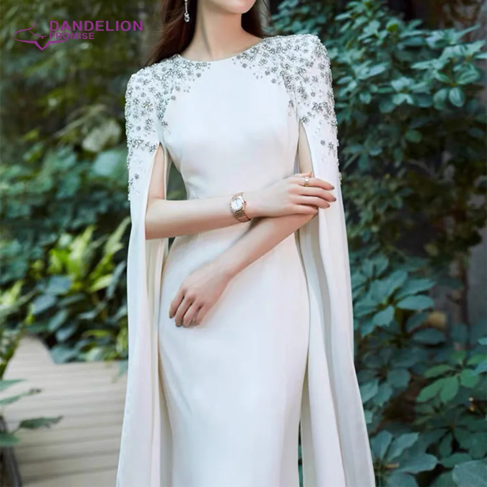 Dubai Elegant White Mermaid Muslim Evening Dress For Women 2021 Beading Cape Long Sleeves Formal Party Gowns