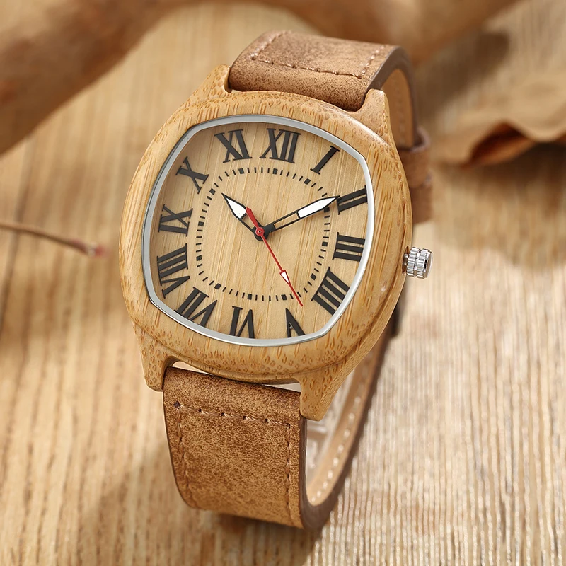 6TYPE Nature Wood Watches Men Women Genuine Leather Wrist Watch Handmade Bamboo Quartz-Watch Unisex Men\'s Gift Relogio Masculino