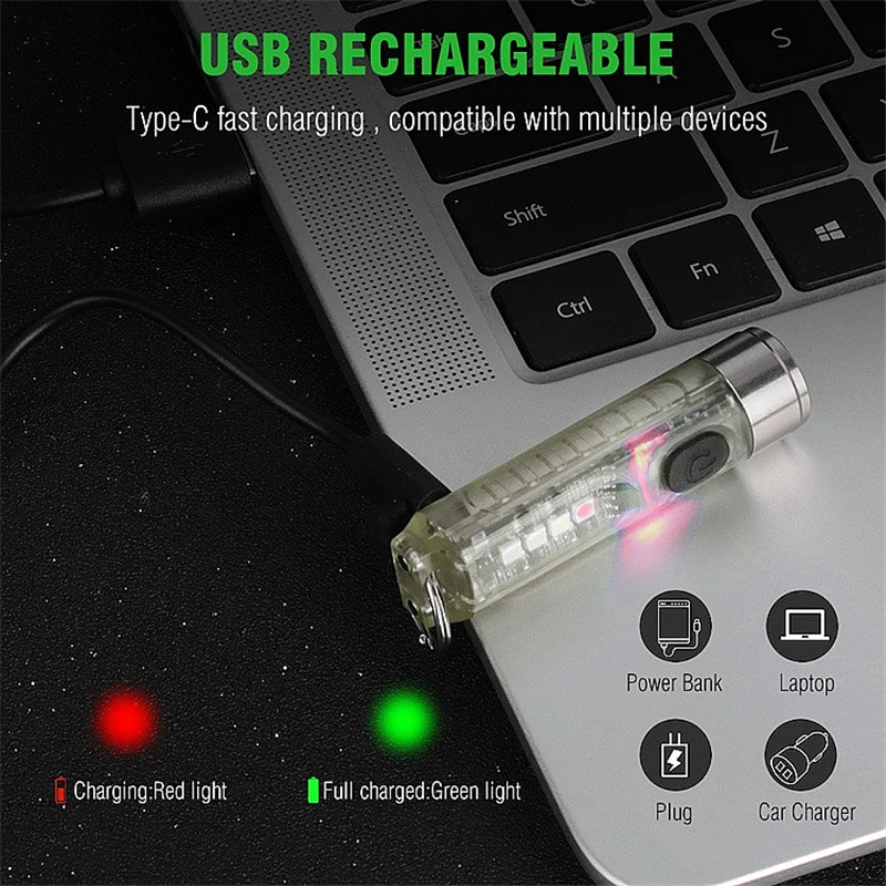 Upgraded Rechargeable Keychain Flashlight 450 Lumens EDC Fluorescent Green Lamp Red Signal Car Warning Light Outdoor Work Light