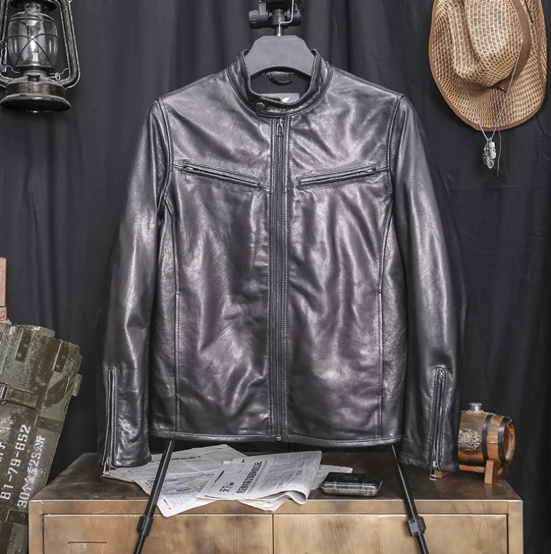 Manteau de motard à revers en peau de mouton pour homme, coupe-vent court, Slim, en cuir véritable, style Punk, décontracté, rétro, pour les affaires, automne